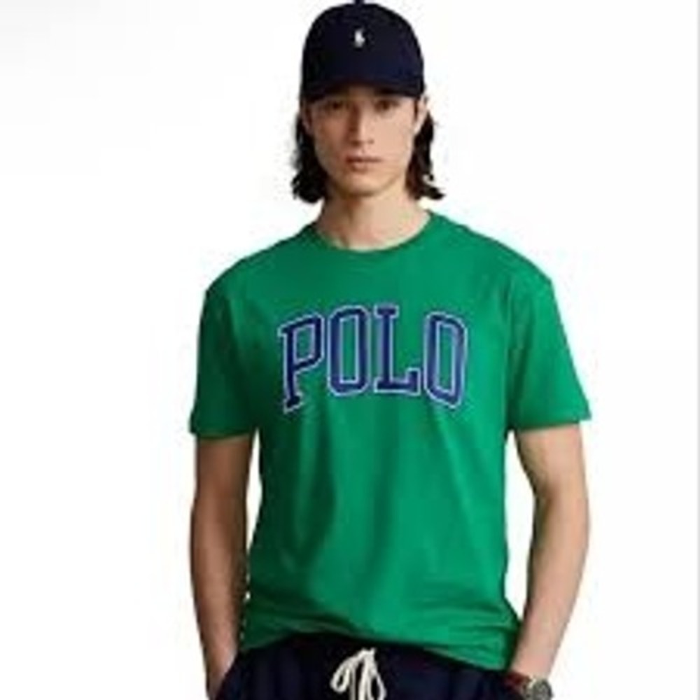 Polo Ralph Lauren Mens Green Graphic T-Shirt Large Blue Arch Logo Cotton Tee